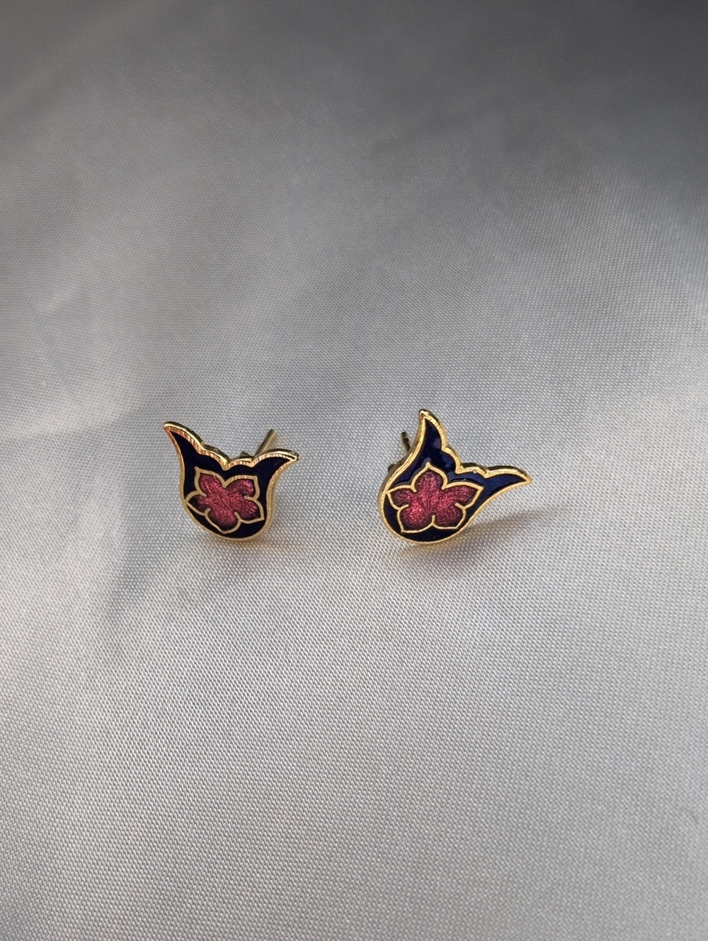 Vintage Enamel Jewel Tone Flower Wing Stud Earrings Gold Tone Art Nouveau Gothic